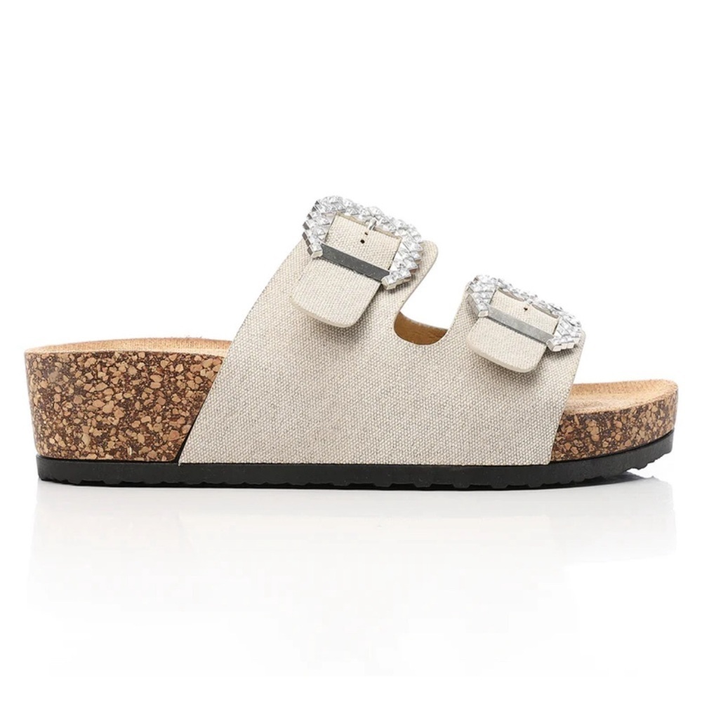 Beige Cork Wedge Sandal with Crystal Buckles